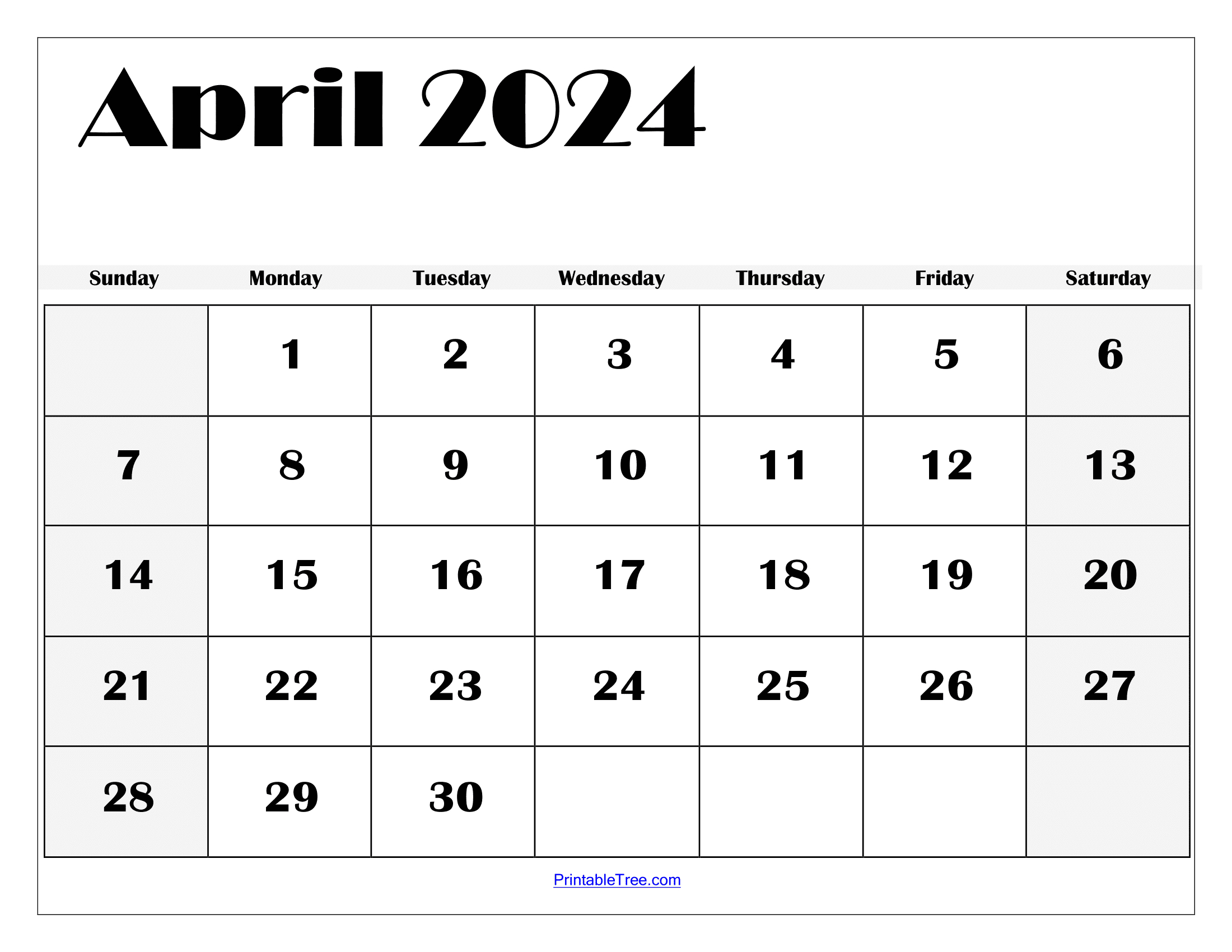 Blank April 2024 Calendar Printable Pdf Template With Holidays | 2024 Calendar Large Printable