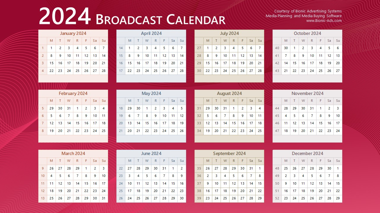 Broadcast Calendar 2024 – Free Downloads – Customizable | Broadcast Calendar 2024 Printable