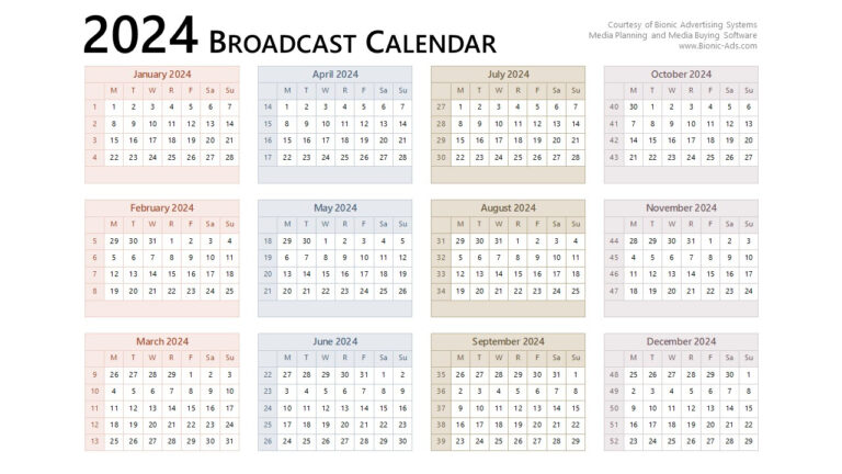 Broadcast Calendar 2024 – Free Downloads – Customizable | Broadcast Calendar 2024 Printable