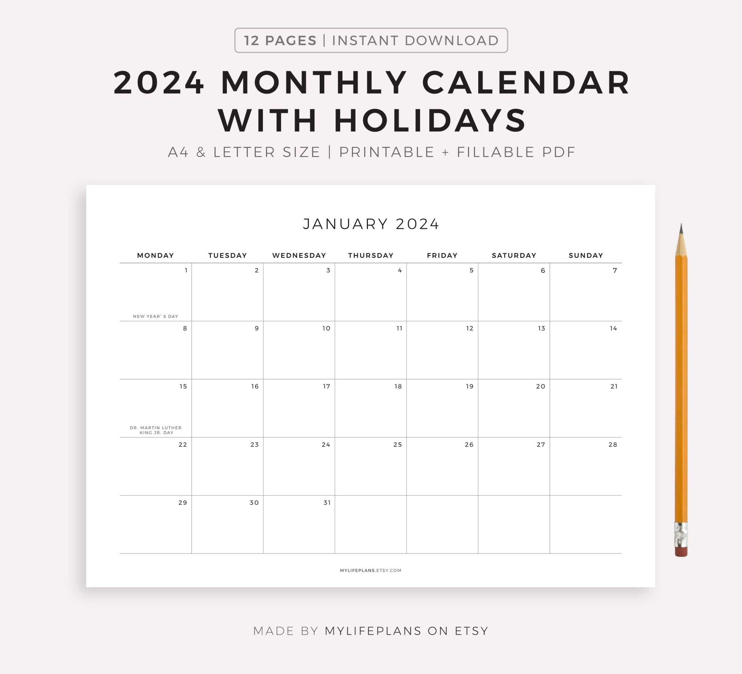 Buy 2024 Monthly Calendar With Holidays Printable Calendar Online | Printable Calendar 2024 Pdf India Download