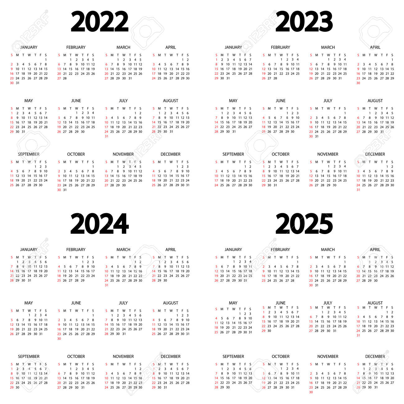 Calendar 2022, 2023, 2024, 2025 Year. The Week Starts On Sunday | Printable Calendar 2022 to 2024