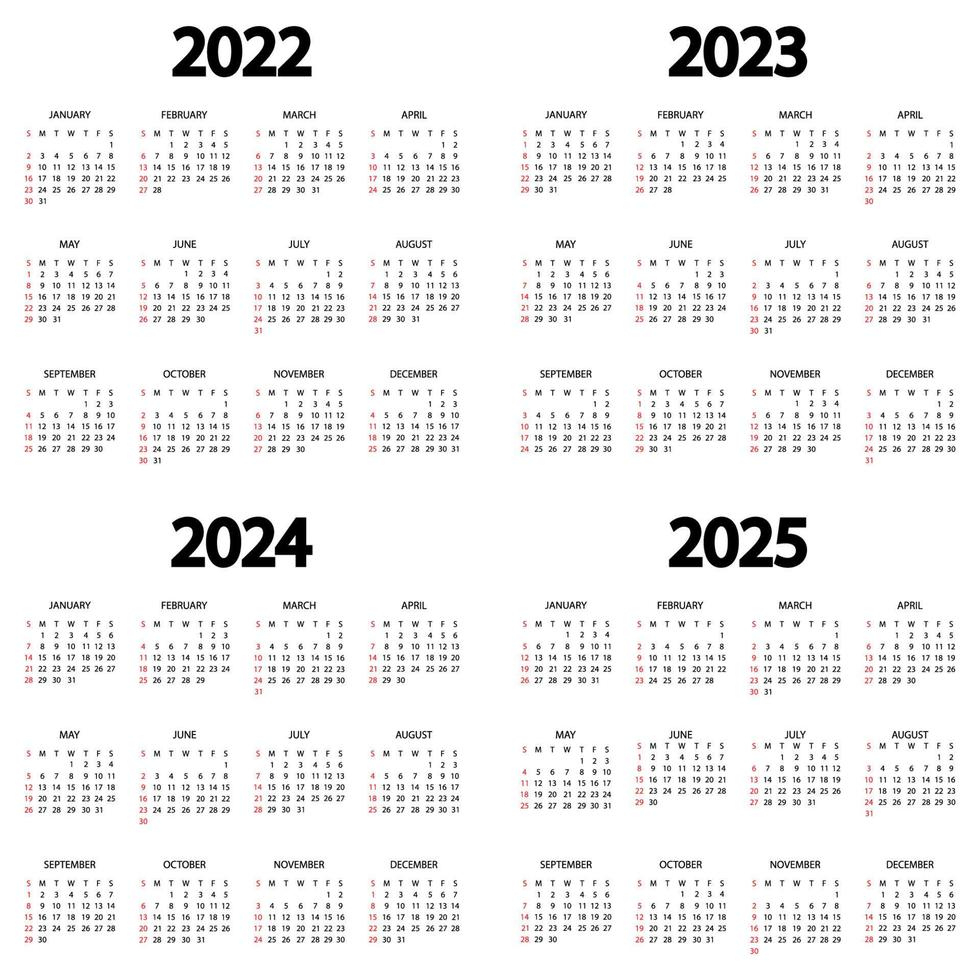 Calendar 2022, 2023, 2024, 2025 Year. The Week Starts On Sunday | Printable Calendar 2022 To 2024