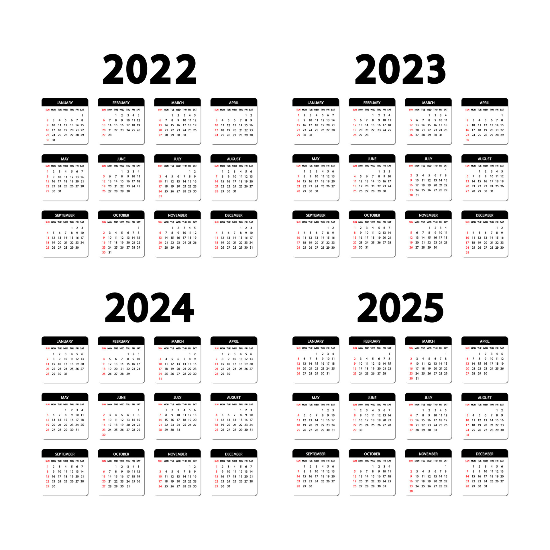 Calendar 2022, 2023, 2024 And 2025 Years. The Week Starts Sunday | Printable Calendar 2022 to 2024