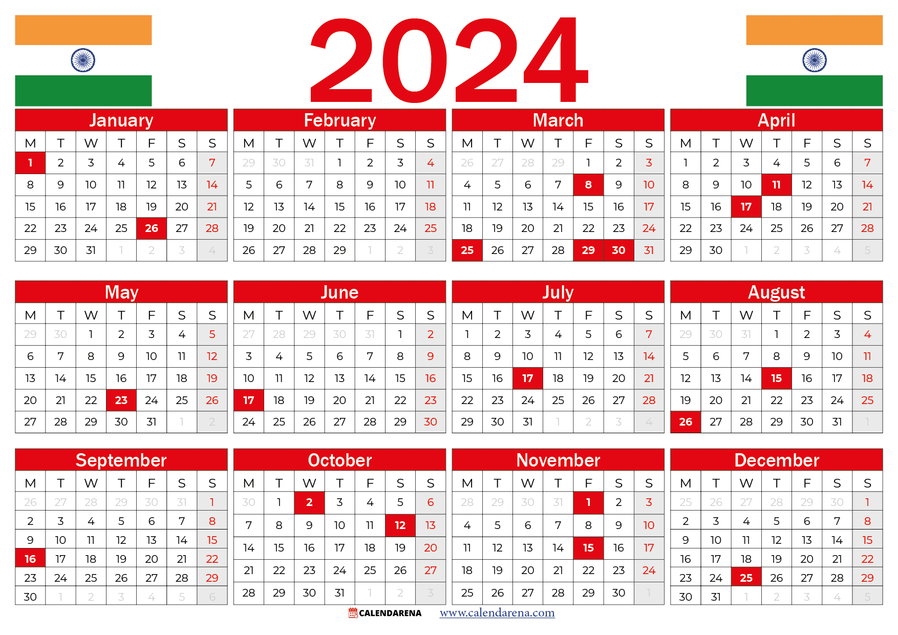 Calendar 2023 India With Holidays And Festivals | Printable Calendar 2024 India