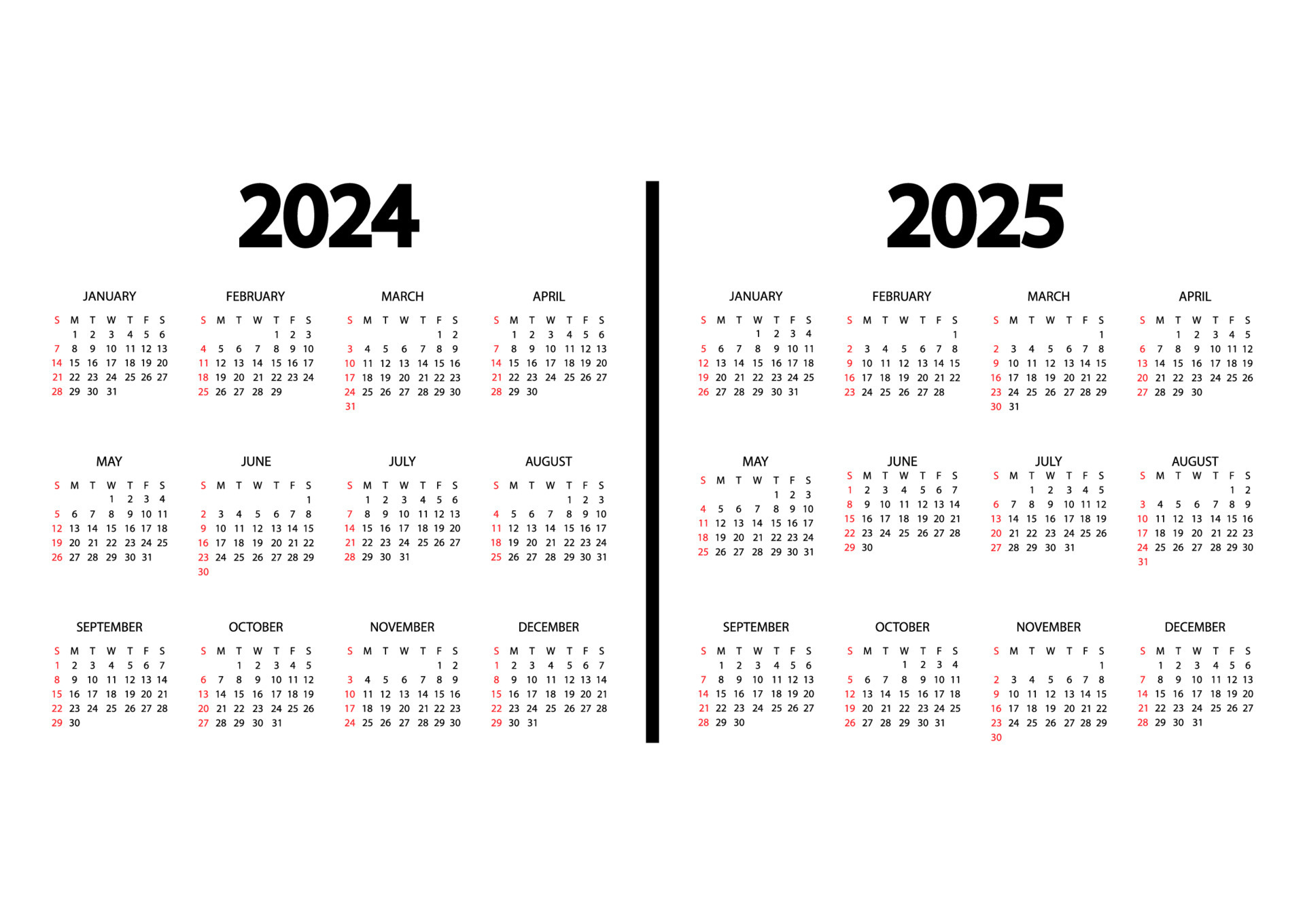 Calendar 2024, 2025 Year. The Week Starts On Sunday. Annual | Free Printable Calendar 2024 And 2025