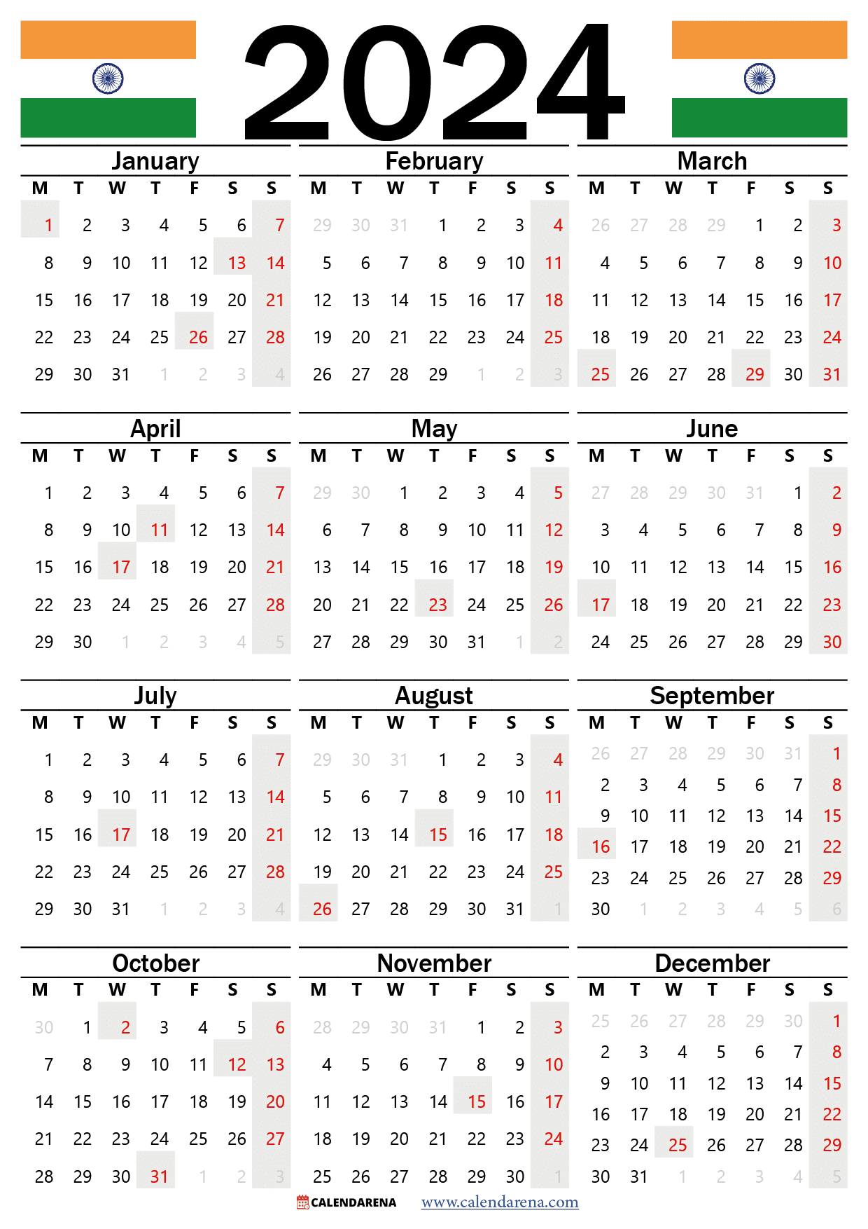Calendar 2024 India With Holidays And Festivals | Printable Calendar 2024 India