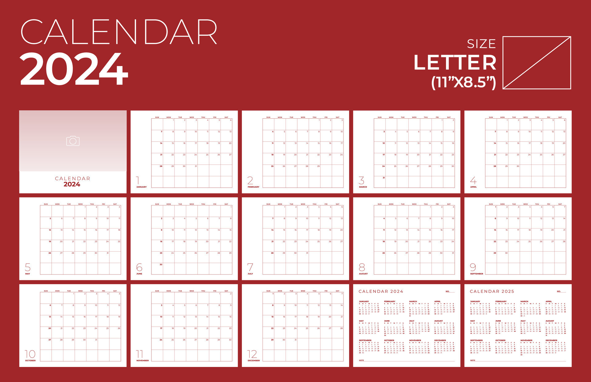 Calendar 2024, Landscape, Minimal Table Design, Week Start Sunday | Printable Calendar 2024 Landscape