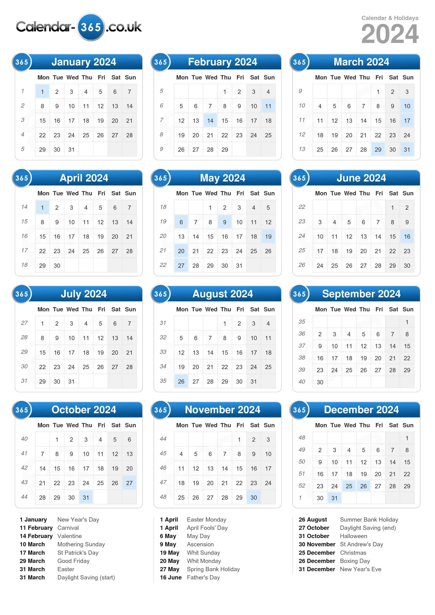 Calendar 2024 | Printable Calendar 2024 Uk Free