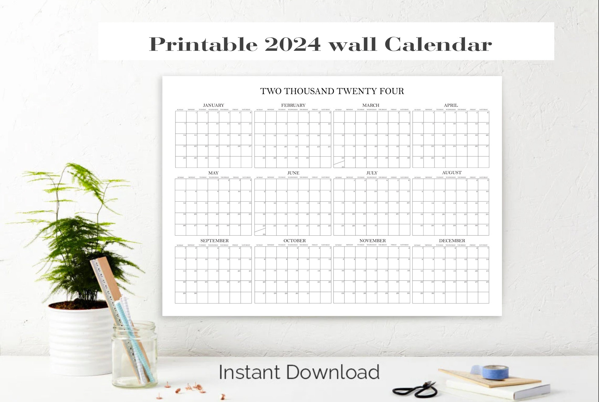 Calendar 2024 Printable Large Wall Giant Yearly Office - Etsy | 2024 Calendar Large Printable