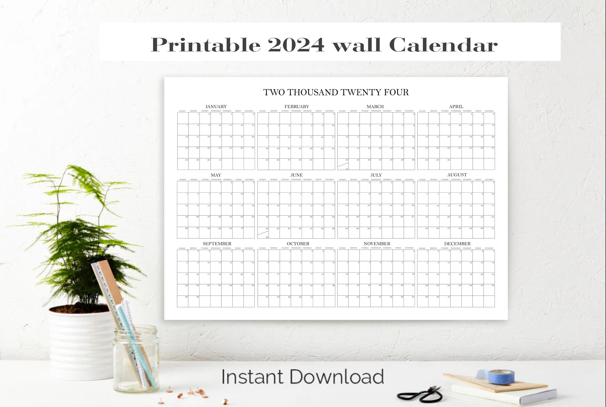 Calendar 2024 Printable Large Wall Giant Yearly Office - Etsy | Large Printable Calendar 2024