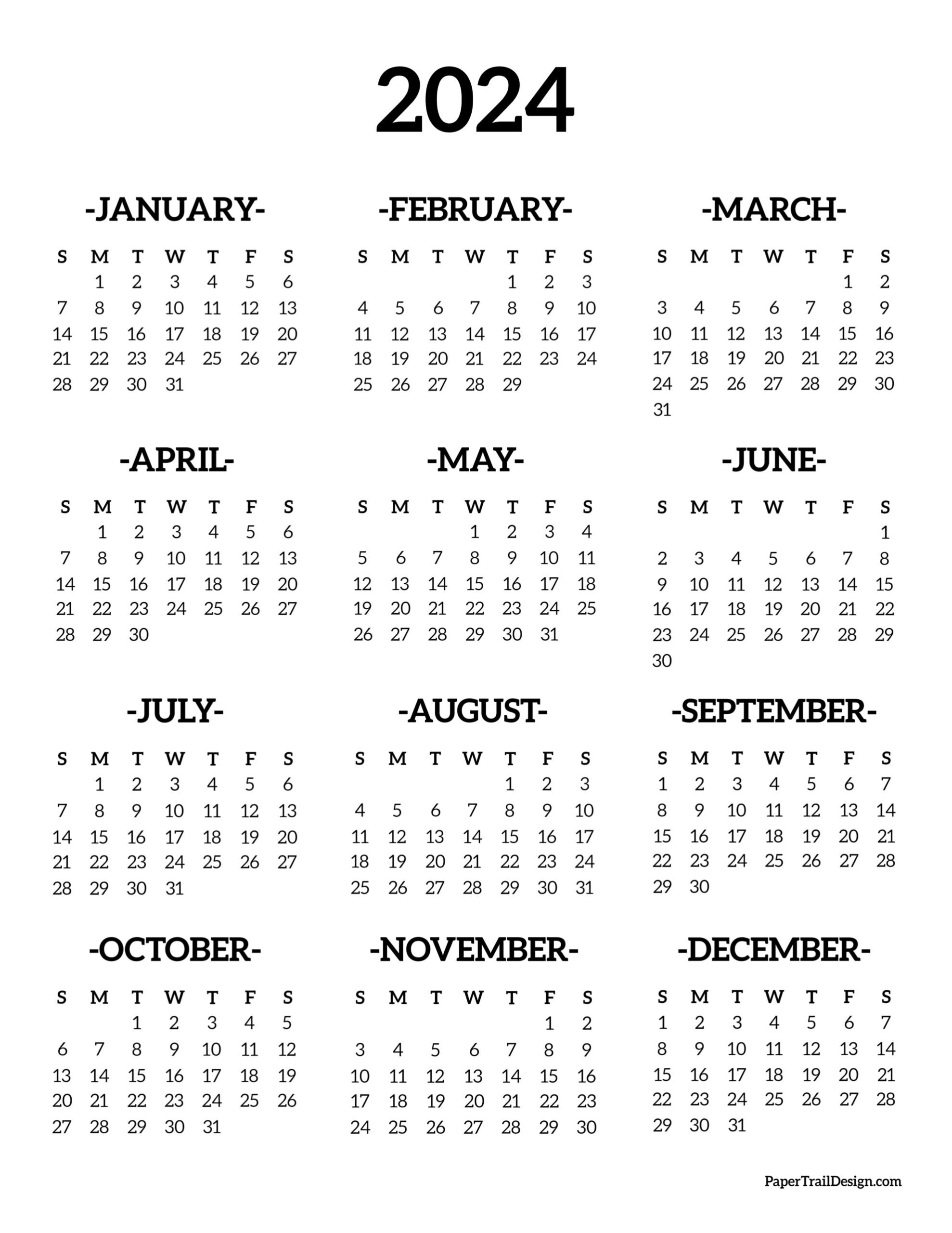 Calendar 2024 Printable One Page - Paper Trail Design | 1 Year Calendar 2024 Printable