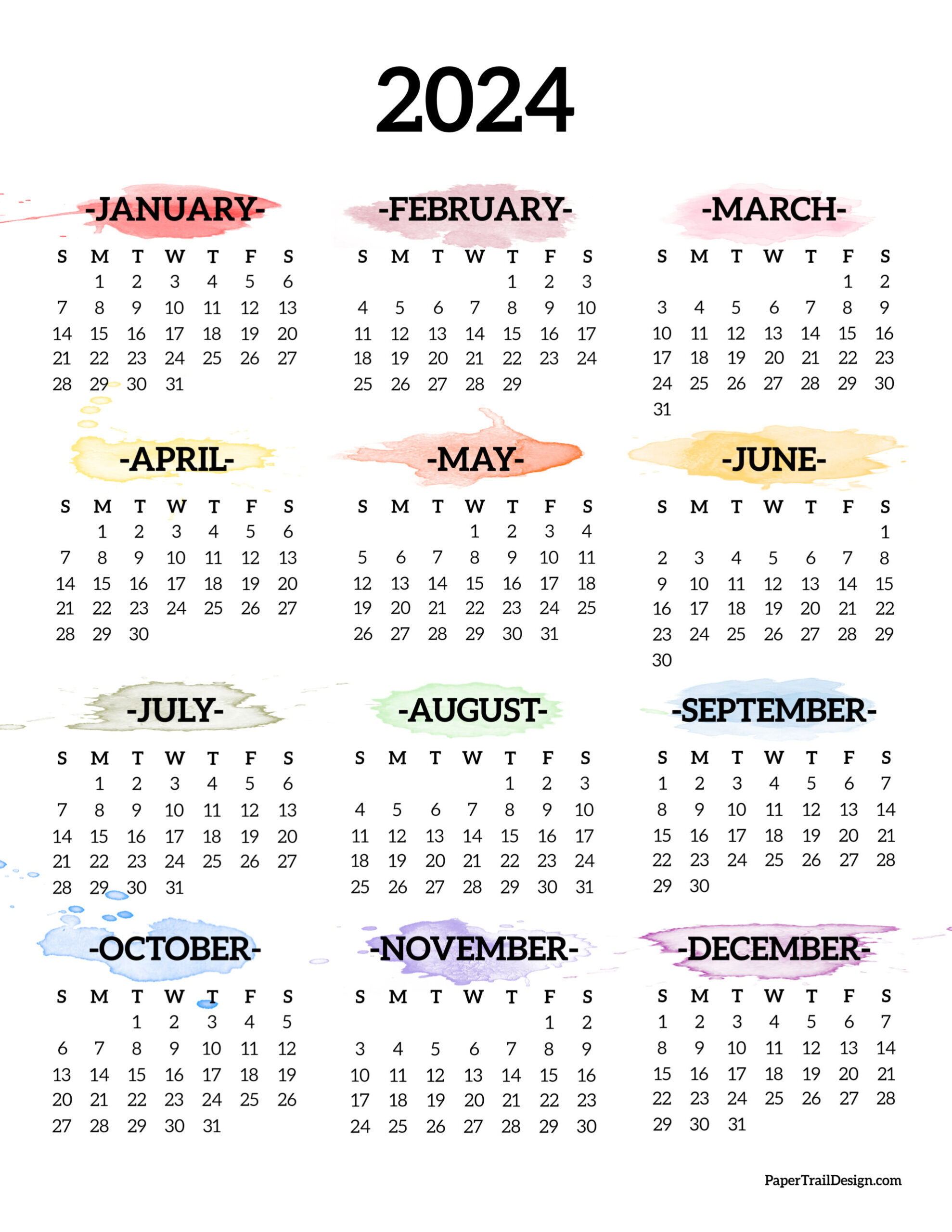 Calendar 2024 Printable One Page - Paper Trail Design | 1 Year Calendar 2024 Printable