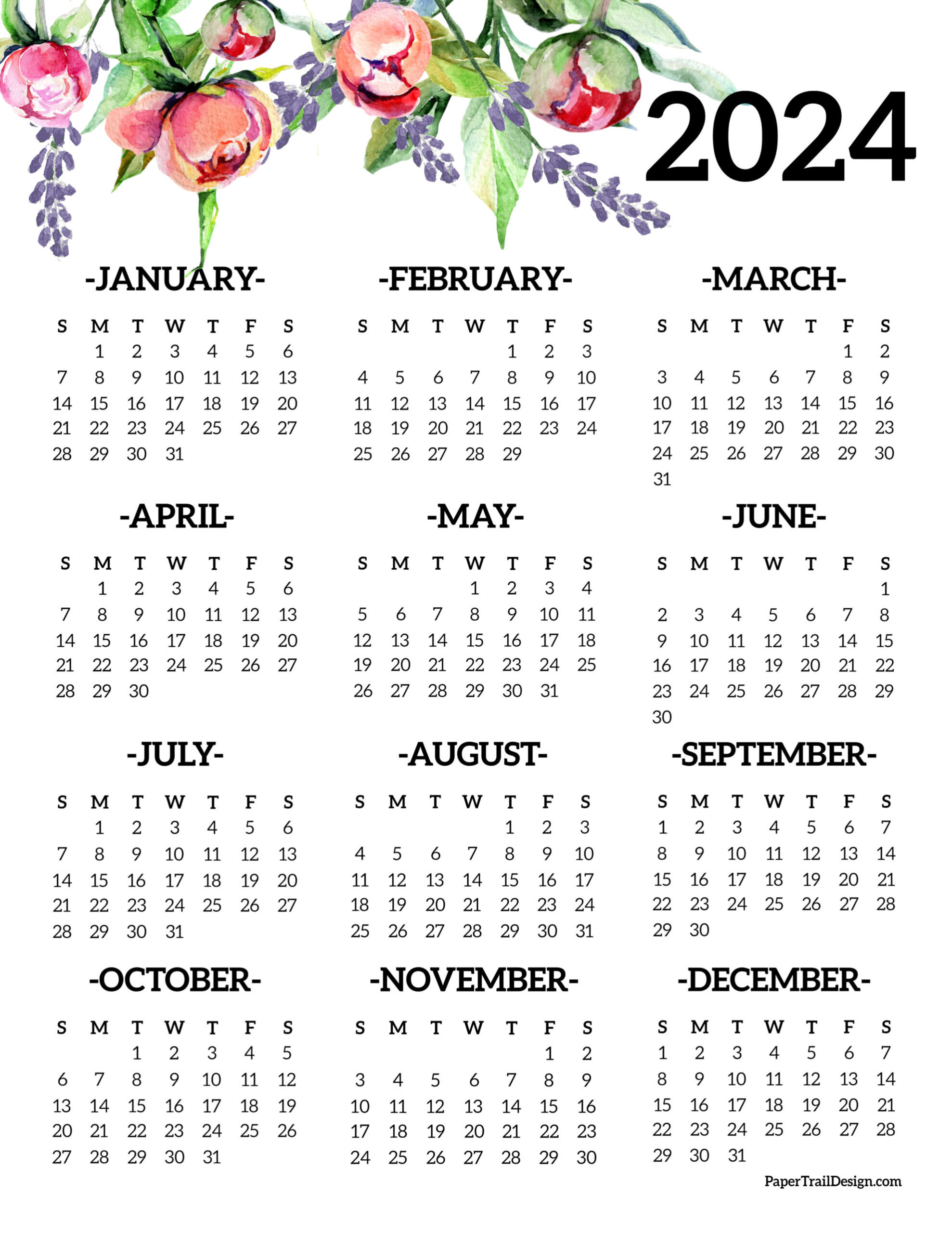 Calendar 2024 Printable One Page - Paper Trail Design | 1 Year Printable Calendar 2024