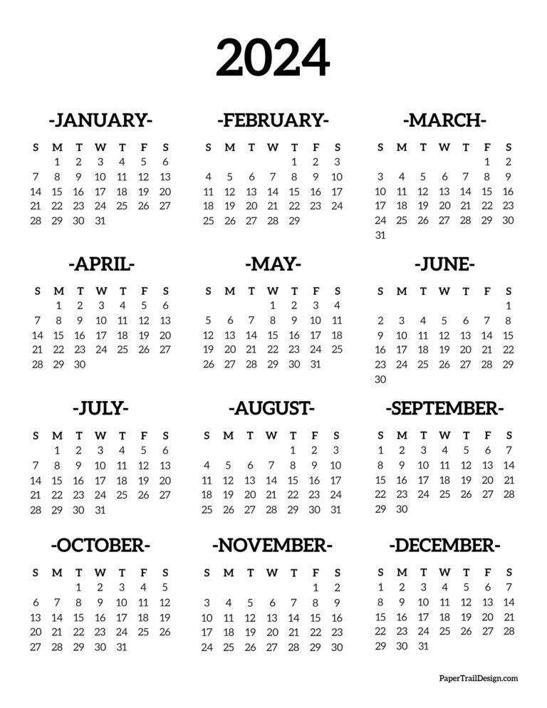 Calendar 2024 Printable One Page - Paper Trail Design | 2024 Annual Calendar One Page