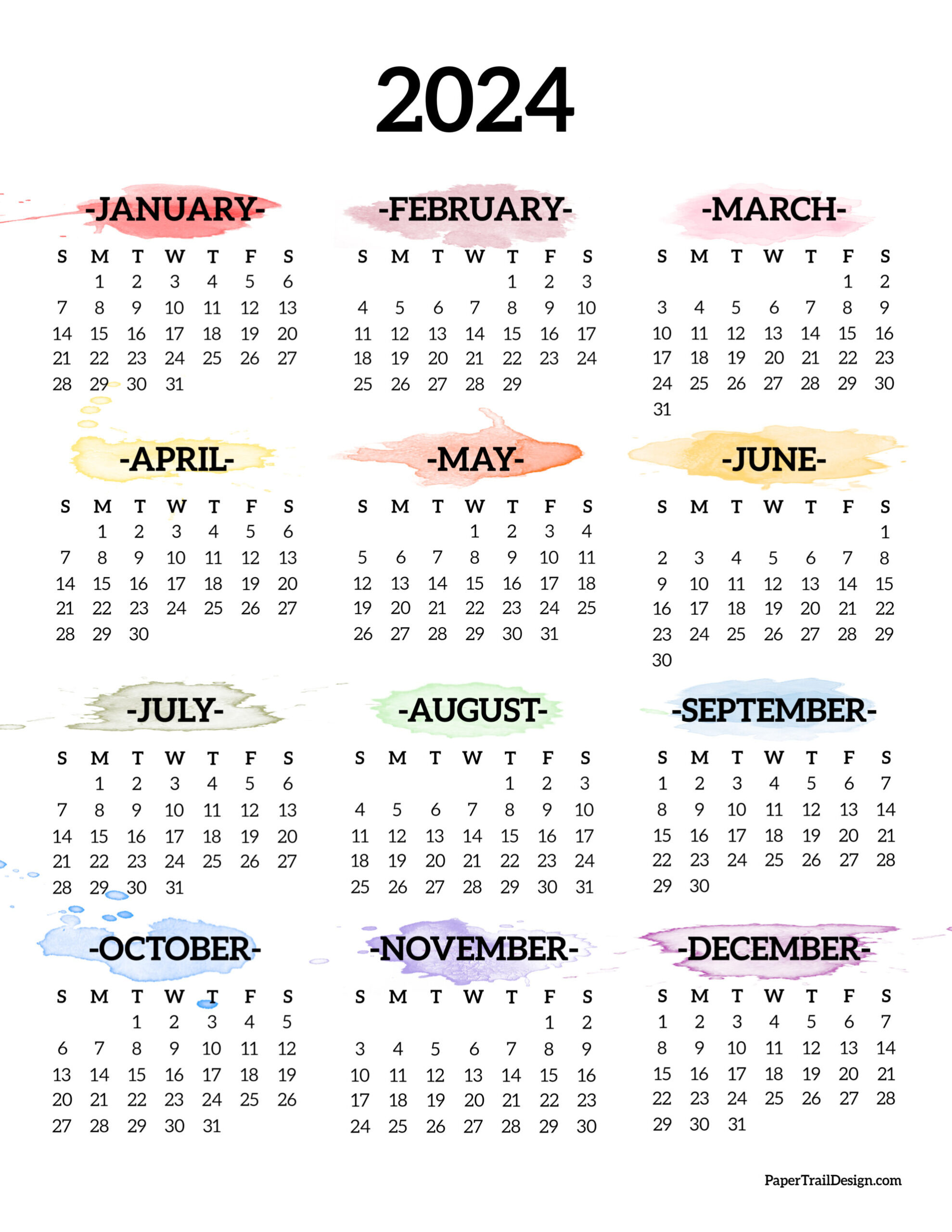 Calendar 2024 Printable One Page - Paper Trail Design | 2024 Yearly Calendar At A Glance
