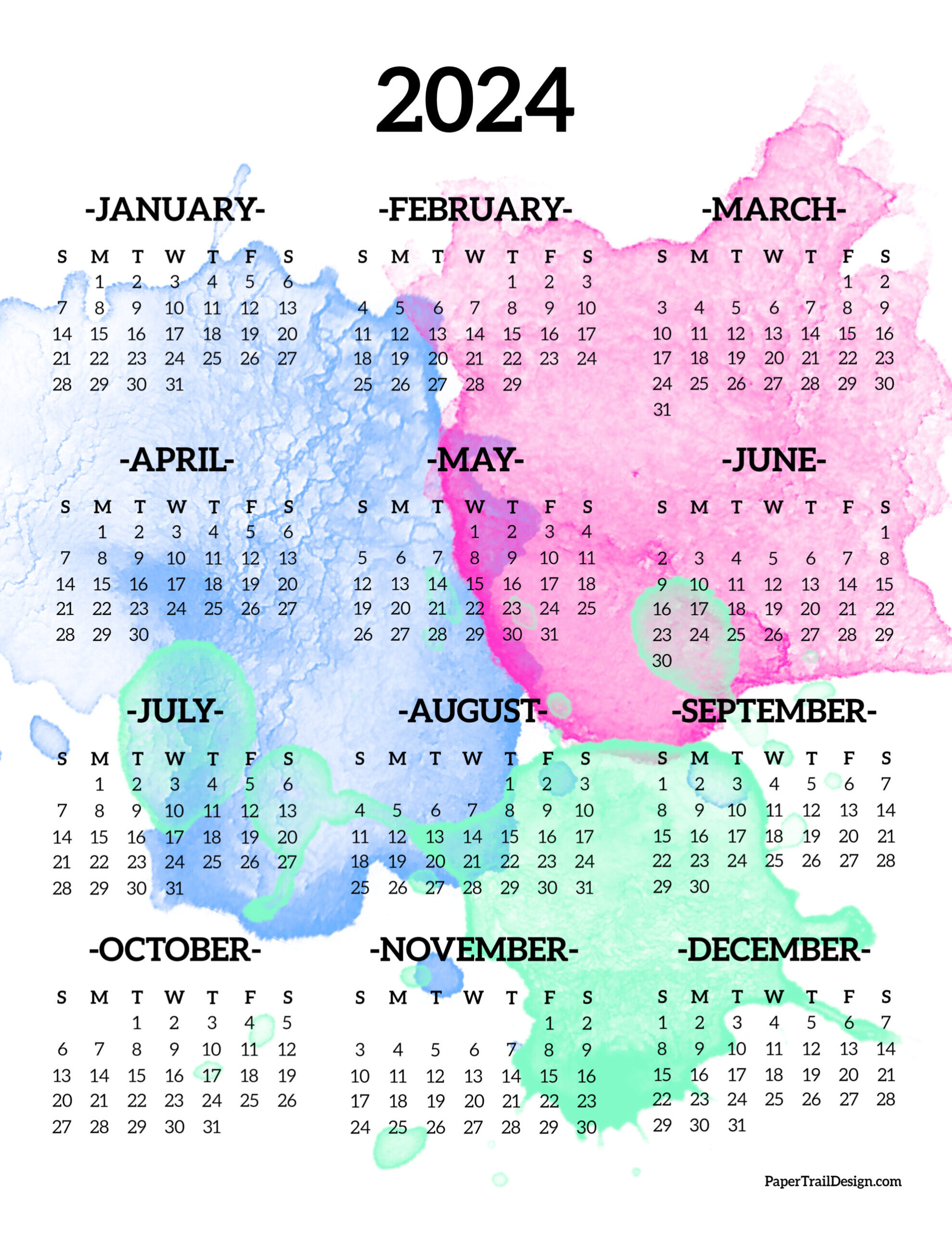 Calendar 2024 Printable One Page - Paper Trail Design | Yearly Calendar 2024 Printable One Page