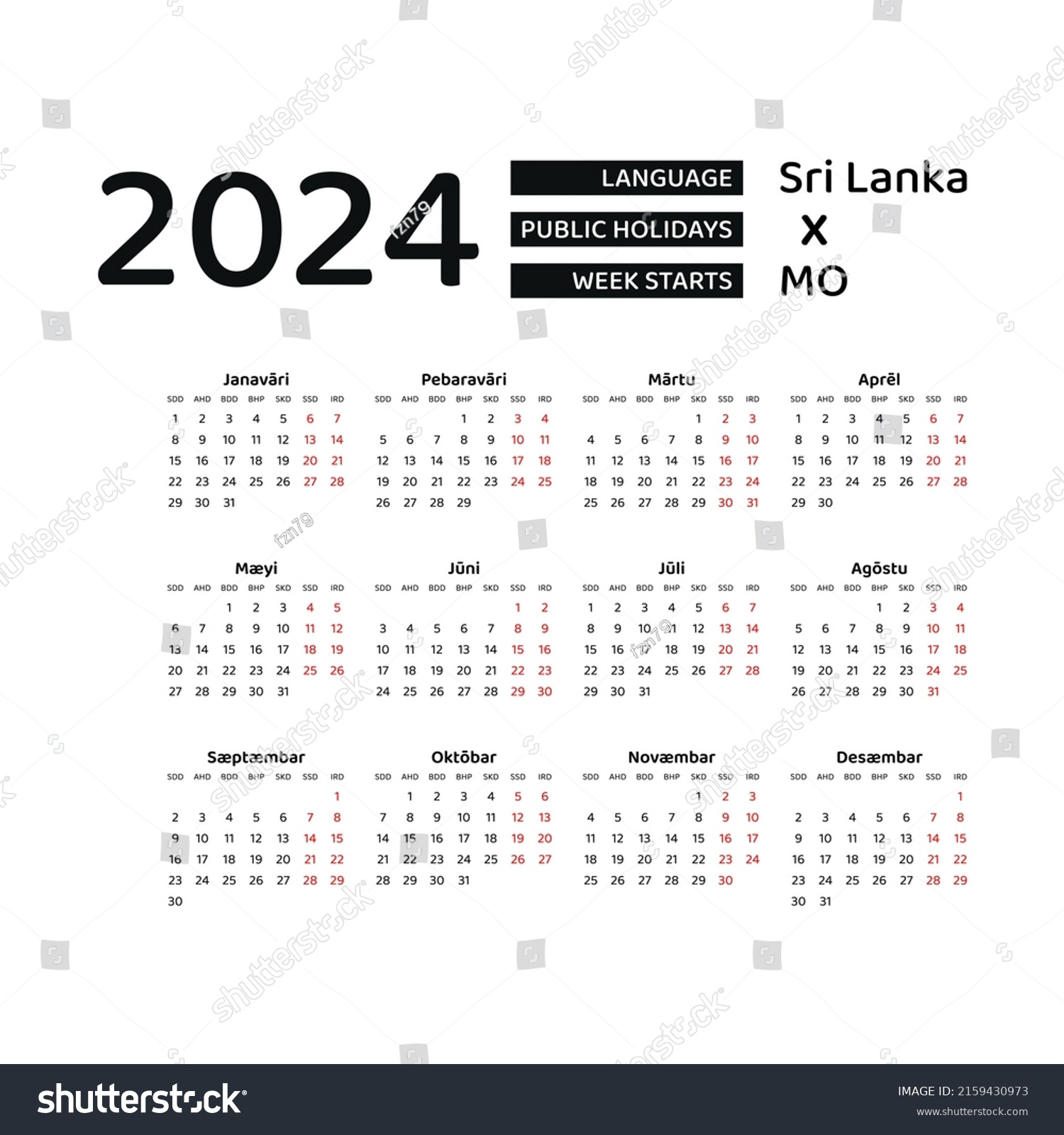 Calendar 2024 Sinhala Language Sri Lanka Stock Vector (Royalty | Printable Calendar 2024 Sri Lanka