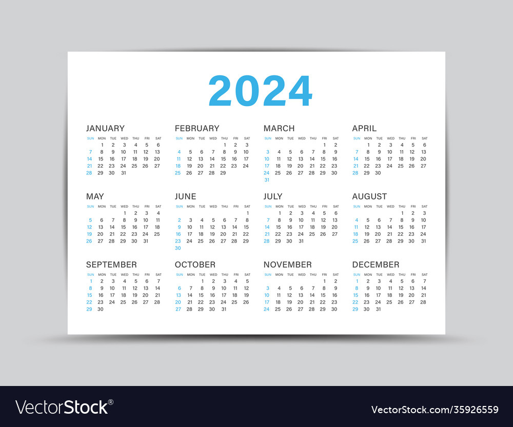 Calendar 2024 Template - 12 Months Yearly Vector Image | 2024 Yearly Calendar By Month