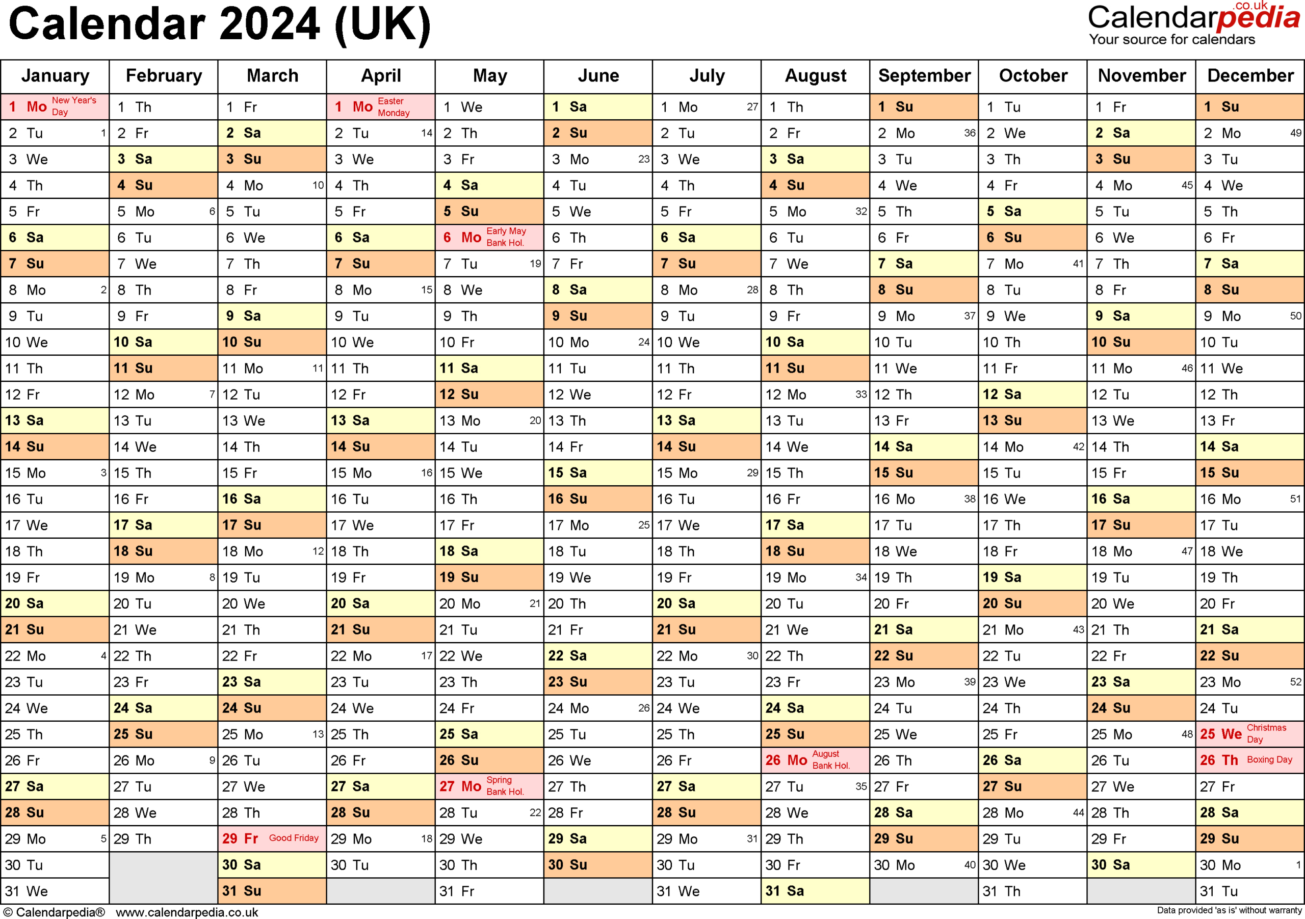 Calendar 2024 (Uk) - Free Printable Microsoft Excel Templates | A4 Yearly Calendar 2024 Printable