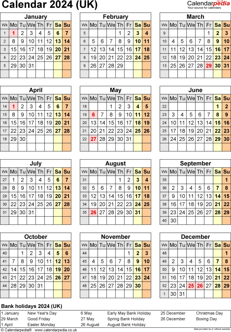 Calendar 2024 (Uk) - Free Printable Microsoft Excel Templates | Yearly Calendar 2024 UK Printable