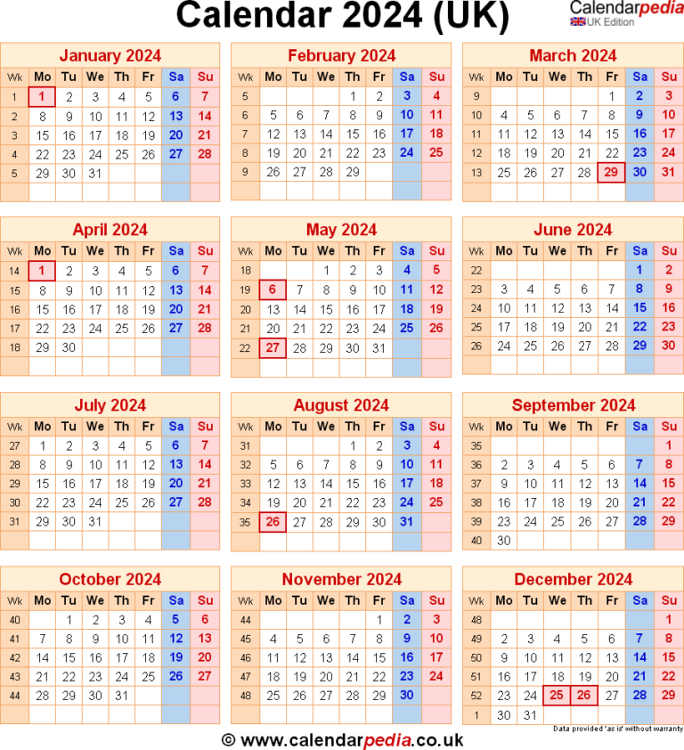 Calendar 2024 Uk With Bank Holidays &amp; Excel/Pdf/Word Templates | Yearly Calendar 2024 with Holidays UK