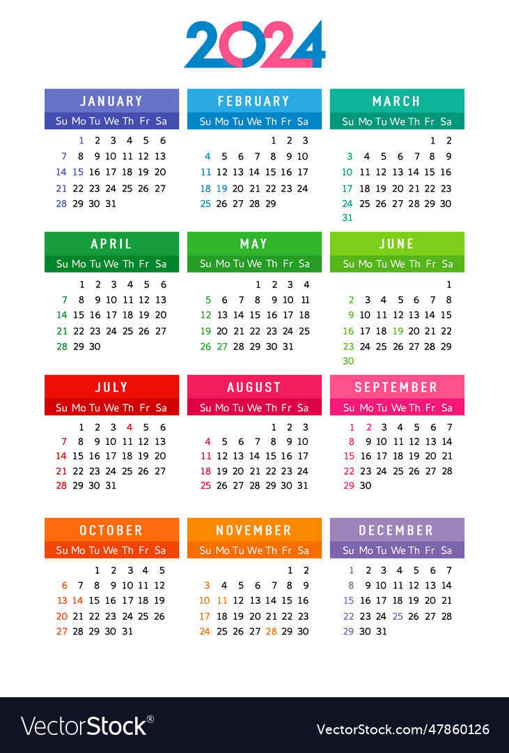 Calendar 2024 Year Editable Template Royalty Free Vector | 2024 Yearly Calendar Editable