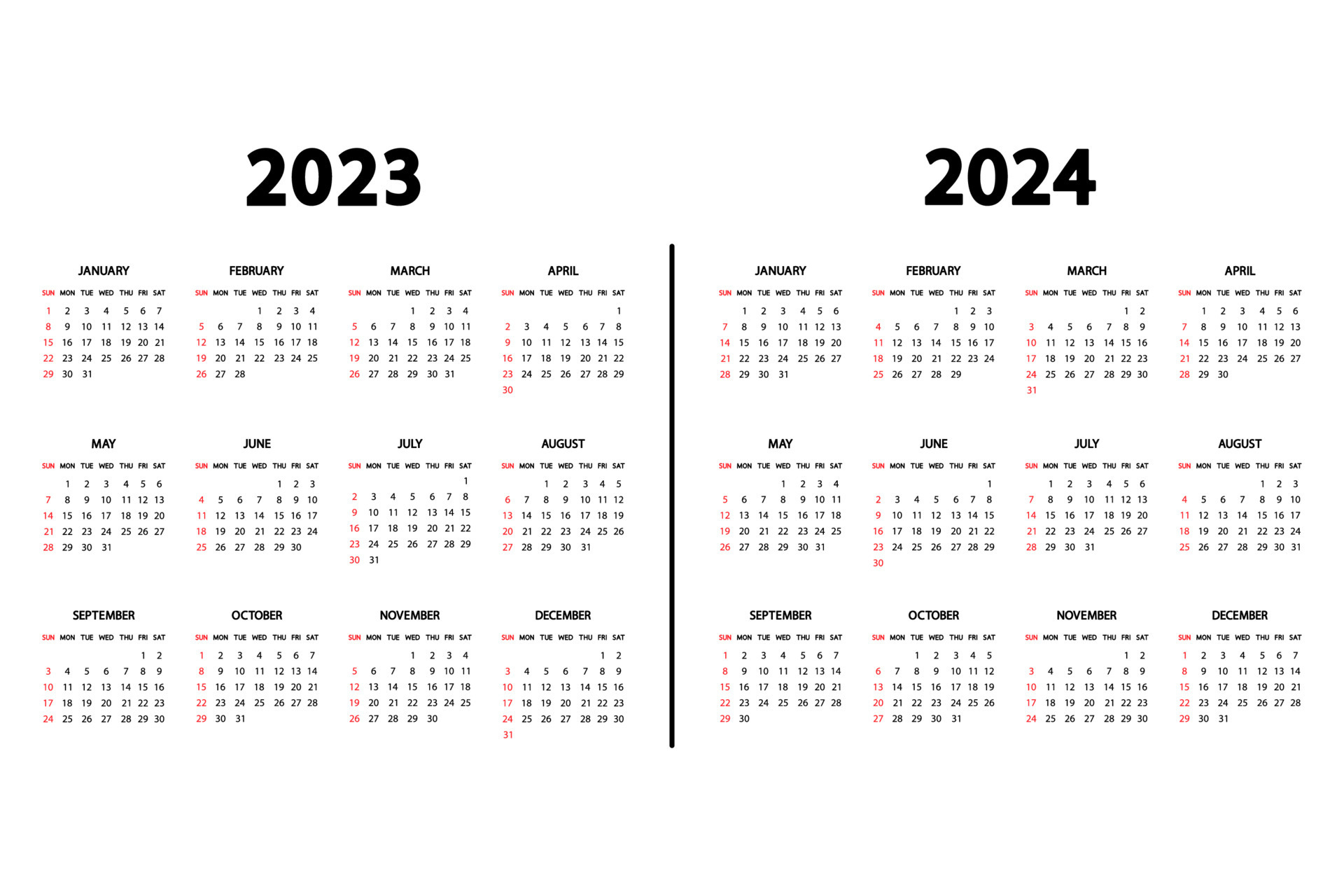 Calendar English 2023 And 2024 Years. The Week Starts Sunday | 2023 And 2024 Yearly Calendar Printable
