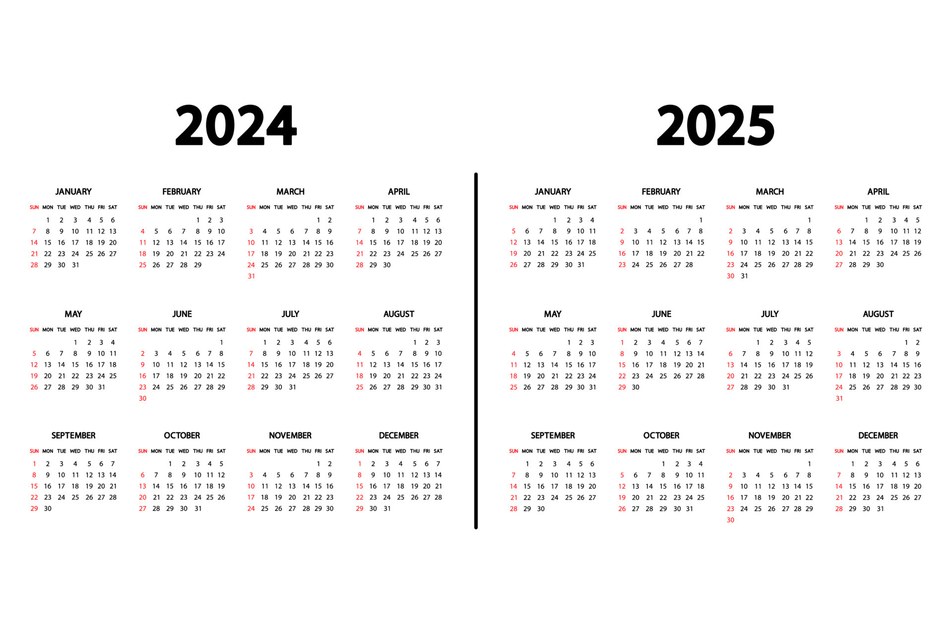 Calendar English 2024 And 2025 Years. The Week Starts Sunday | Printable Calendar 2024 And 2025