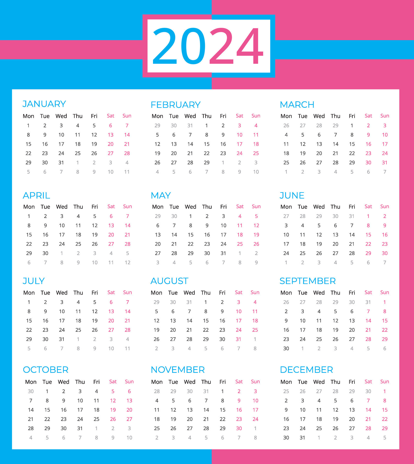 Calendar For 2024, Pink Blue Calendar 2024 Week Starting Monday | 2024 Calendar Printable Nsw