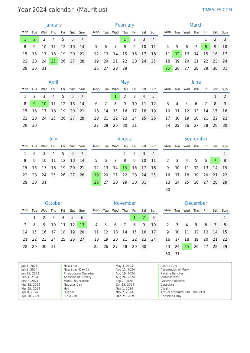 Calendar For 2024 With Holidays In Mauritius | Print And Download | Printable Calendar 2024 Mauritius