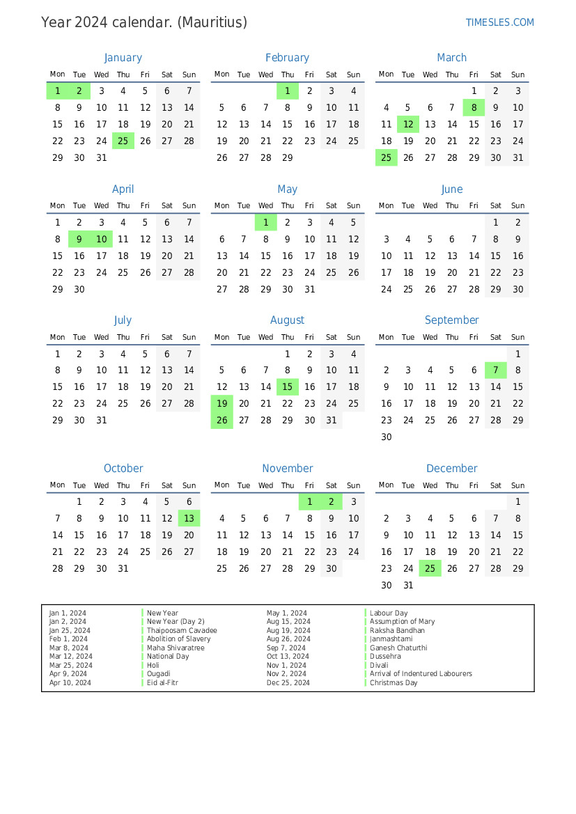 Calendar For 2024 With Holidays In Mauritius | Print And Download | School Calendar 2024 Mauritius Printable