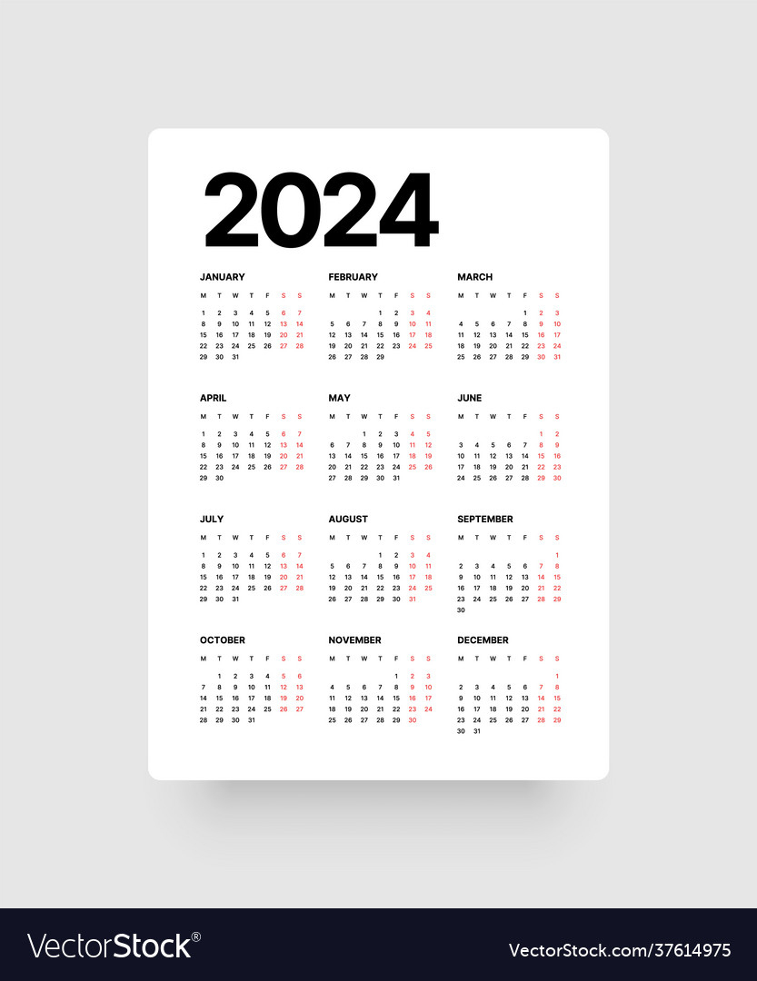 Calendar For 2024 Year Week Starts On Monday Vector Image | 2024 Yearly Calendar Monday Start