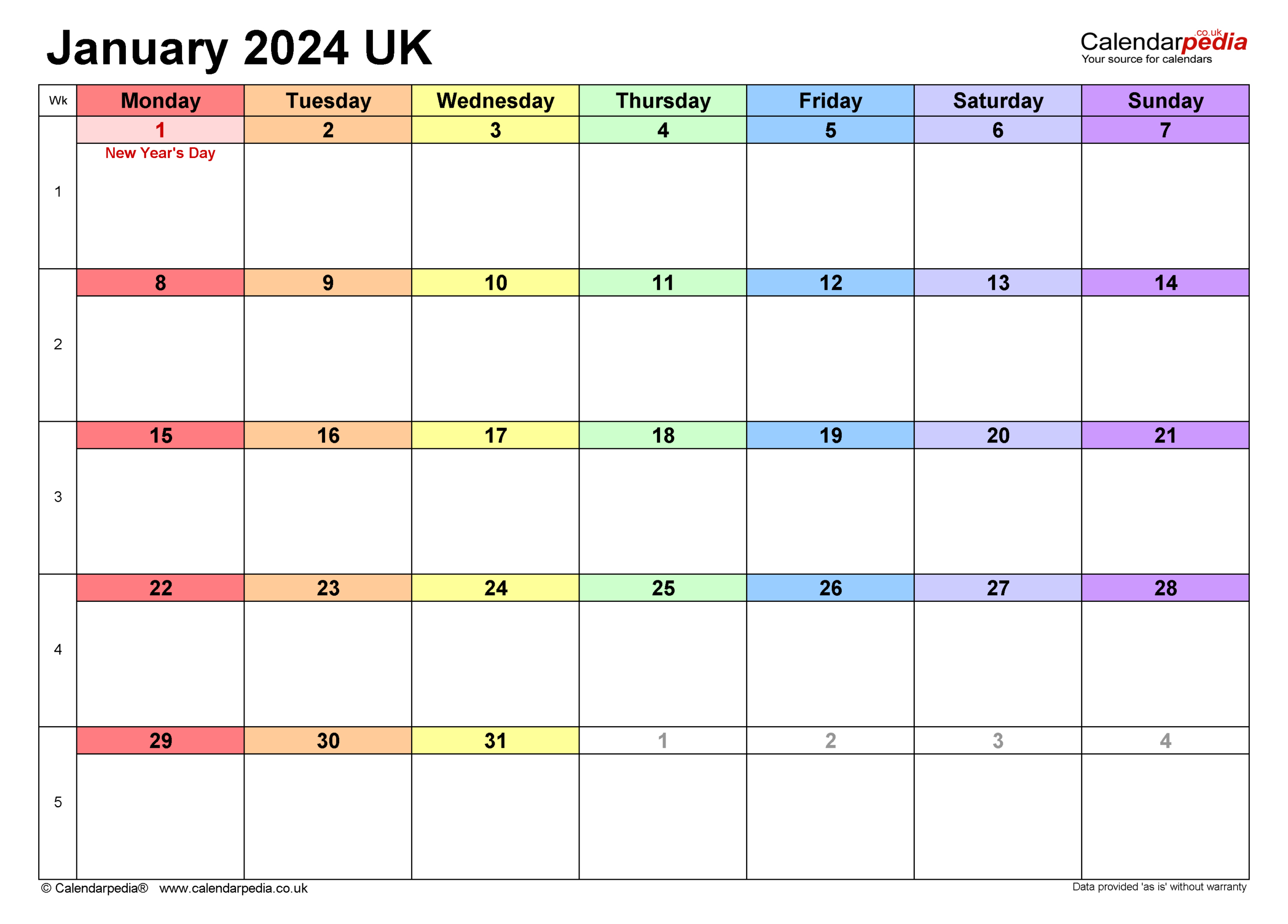 Calendar January 2024 Uk With Excel, Word And Pdf Templates | Printable Monthly Calendar 2024 UK