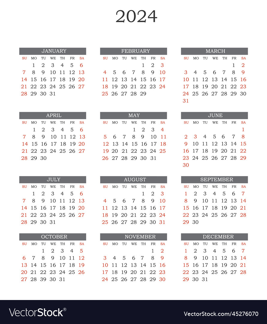 Calendar Template 2024 With Gird Vertical Week Vector Image | Calendar 2024 Printable Time And Date