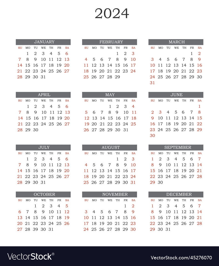 Calendar Template 2024 With Gird Vertical Week Vector Image | Printable Calendar 2024 Vertical