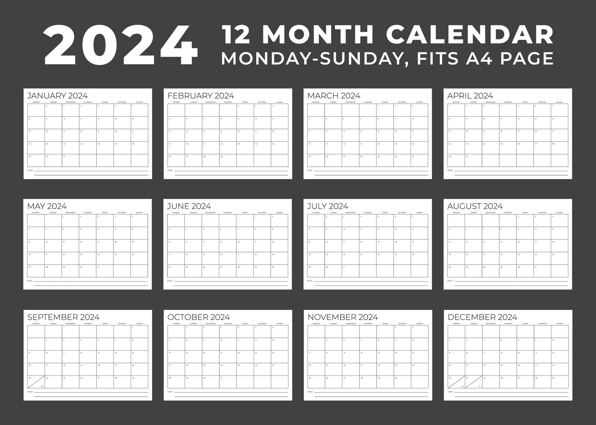 Calendar Template For 2024. Monday To Sunday. 12 Month Calendar | 2024 Calendar Printable Monday To Sunday