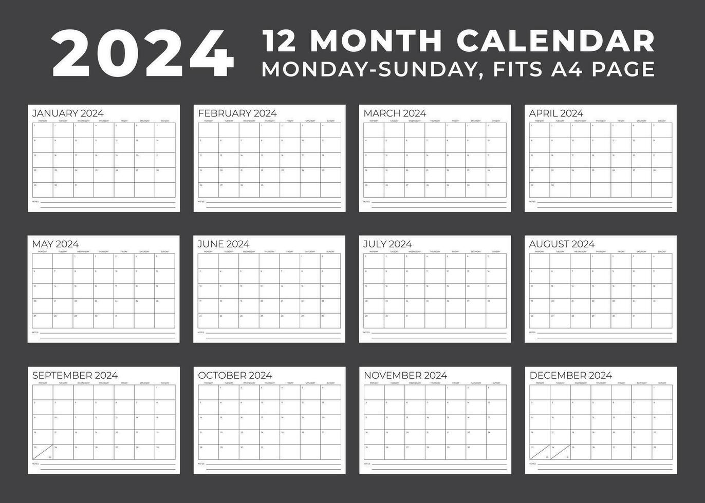 Calendar Template For 2024. Monday To Sunday. 12 Month Calendar | Blank 2024 Calendar