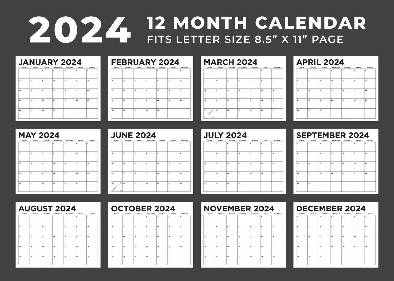 Calendar Template For 2024. Week Starts On Sunday. 12 Month | Printable Calendar 2024 Ltr Size