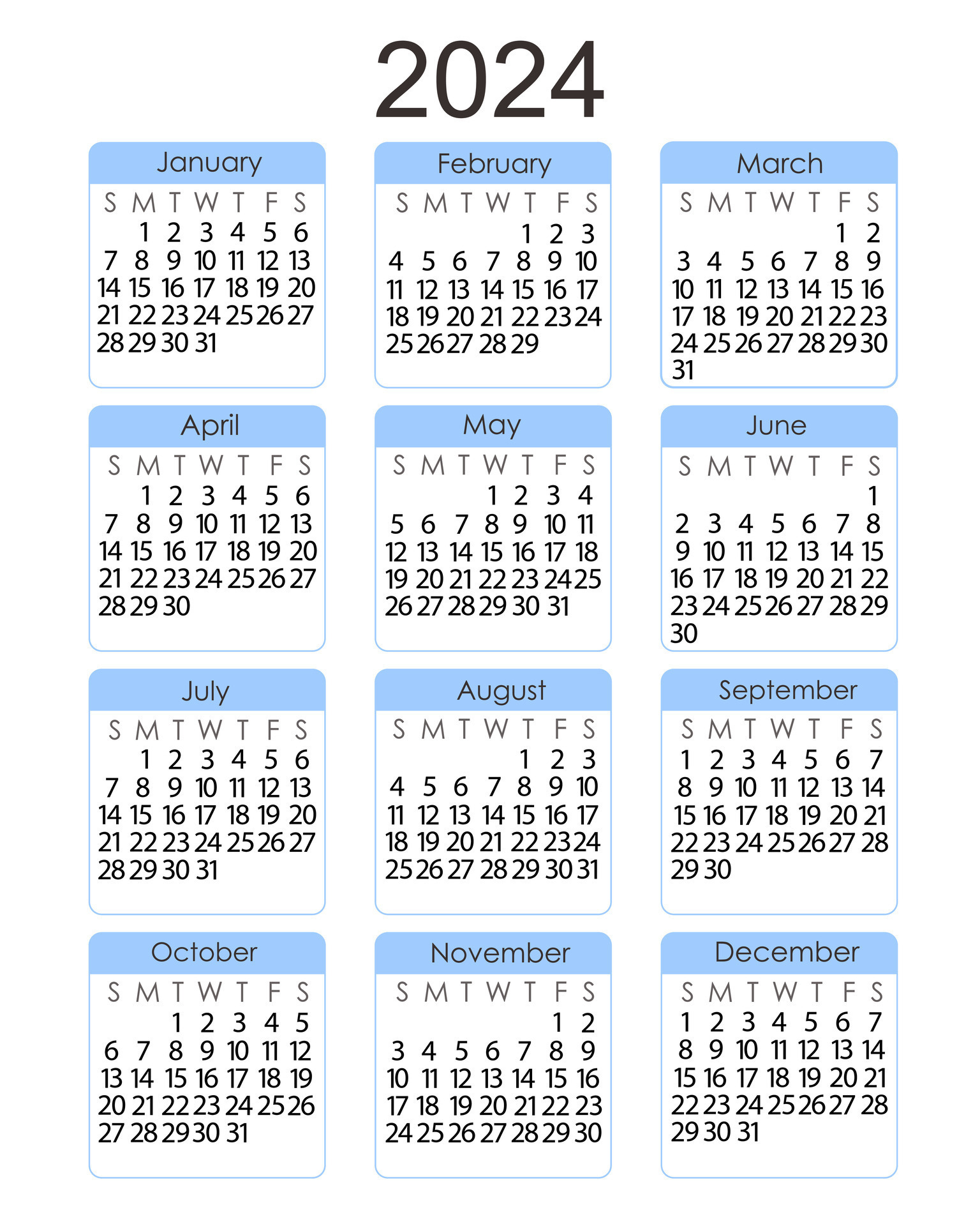 Calendar Template For The Year 2024 In Simple Minimalist Style | 2024 Calendar Printable Portrait