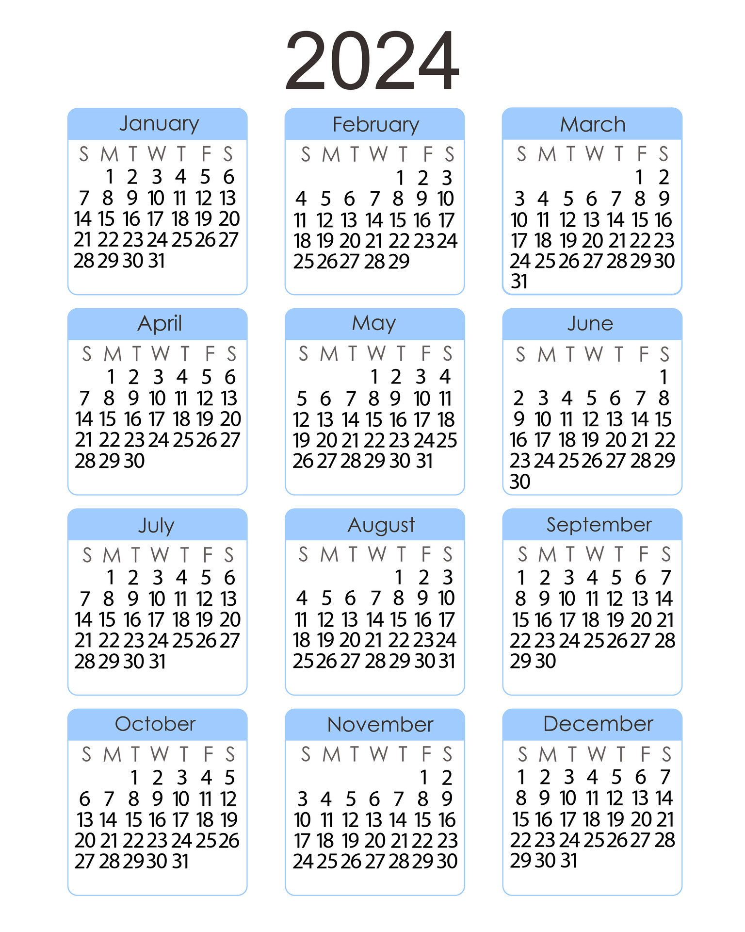 Calendar Template For The Year 2024 In Simple Minimalist Style | 2024 Calendar Year To A Page