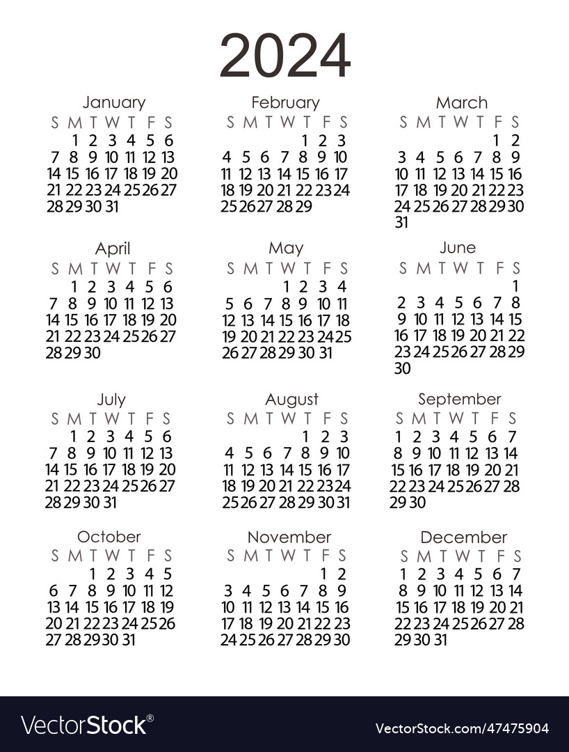 Calendar Template For The Year 2024 In Simple Vector Image | 2024 Calendar Printable Small