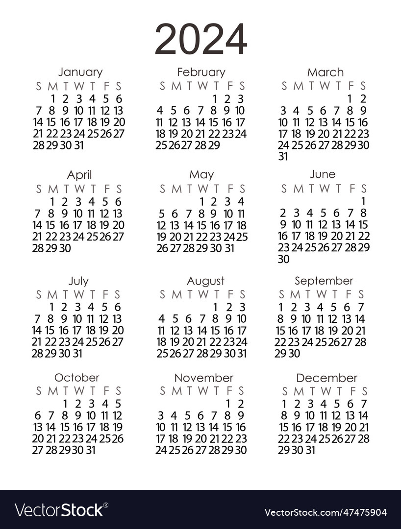 Calendar Template For The Year 2024 In Simple Vector Image | Small Printable Calendar 2024