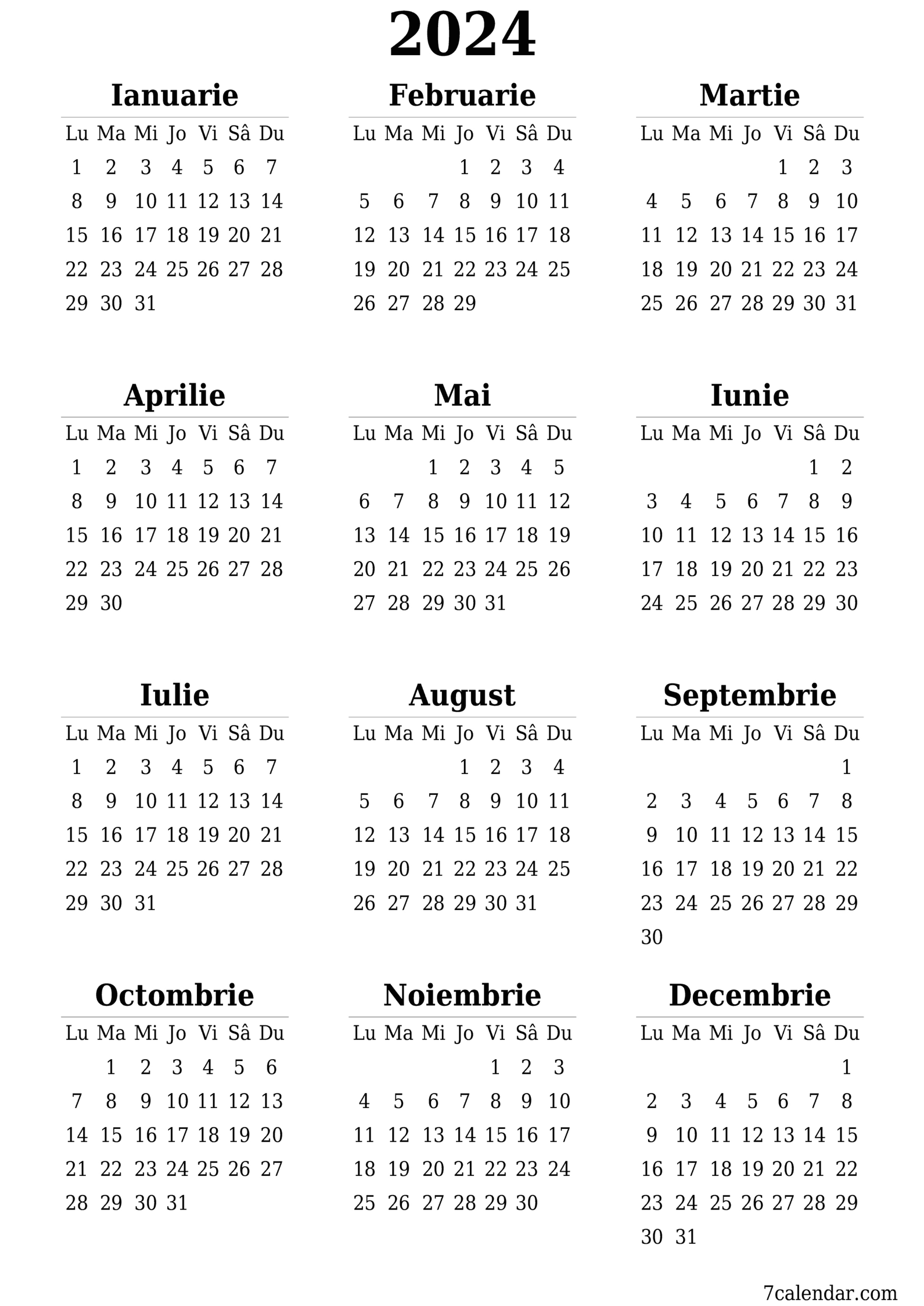 Calendare Și Planificatori De Imprimat Pentru Anul 2024 A4, A3 În | Printable Calendar 2024 Romanesc Pdf