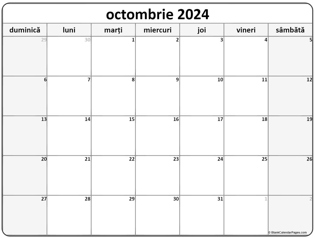 Calendarul Octombrie 2024 Imprimabil Gratuit In Romana | Printable Calendar 2024 Romanesc Pdf