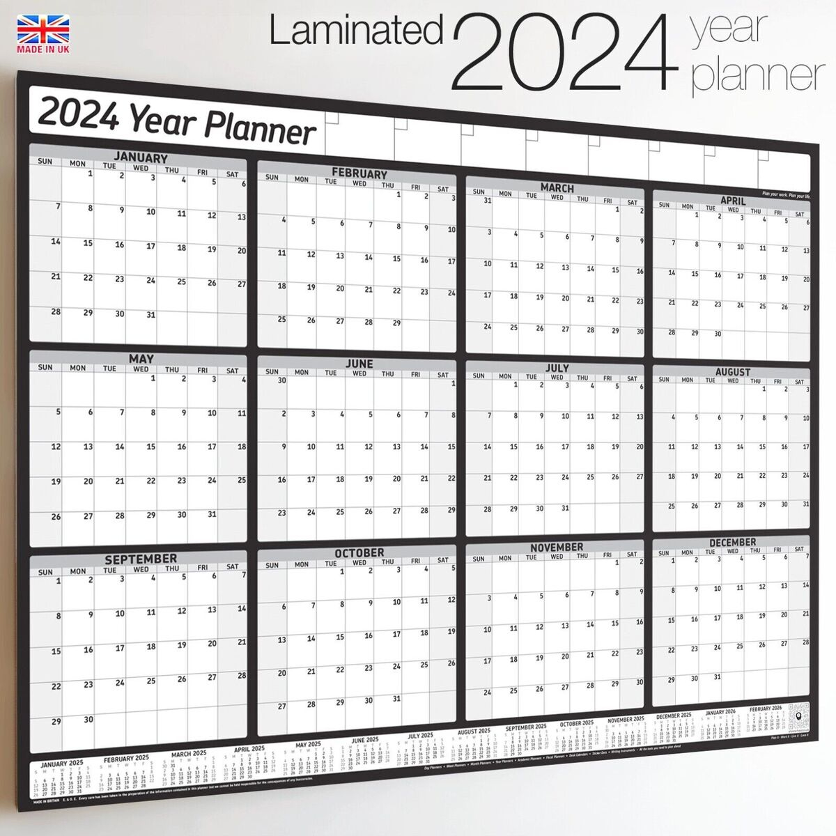 Calendrier 2024 2025 Planificateur Mi-Année Année Complète Stratifié Xl Mur  Mens | 2024 Yearly Calendar And Planner