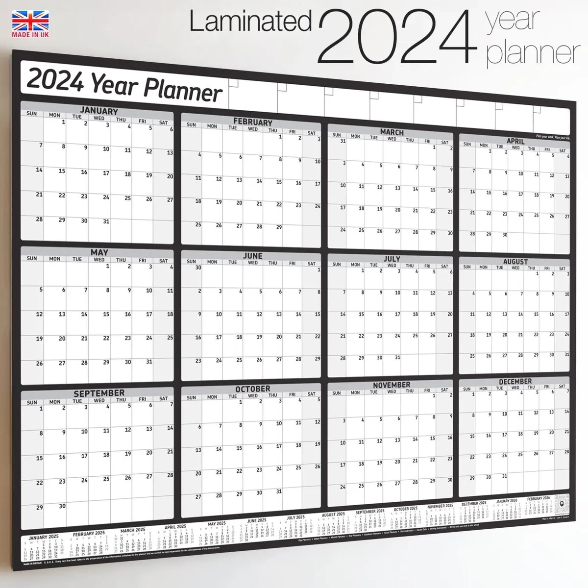 Calendrier 2024 2025 Planificateur Mi-Année Année Complète Stratifié Xl Mur  Mens | 2024 Yearly Wall Calendar