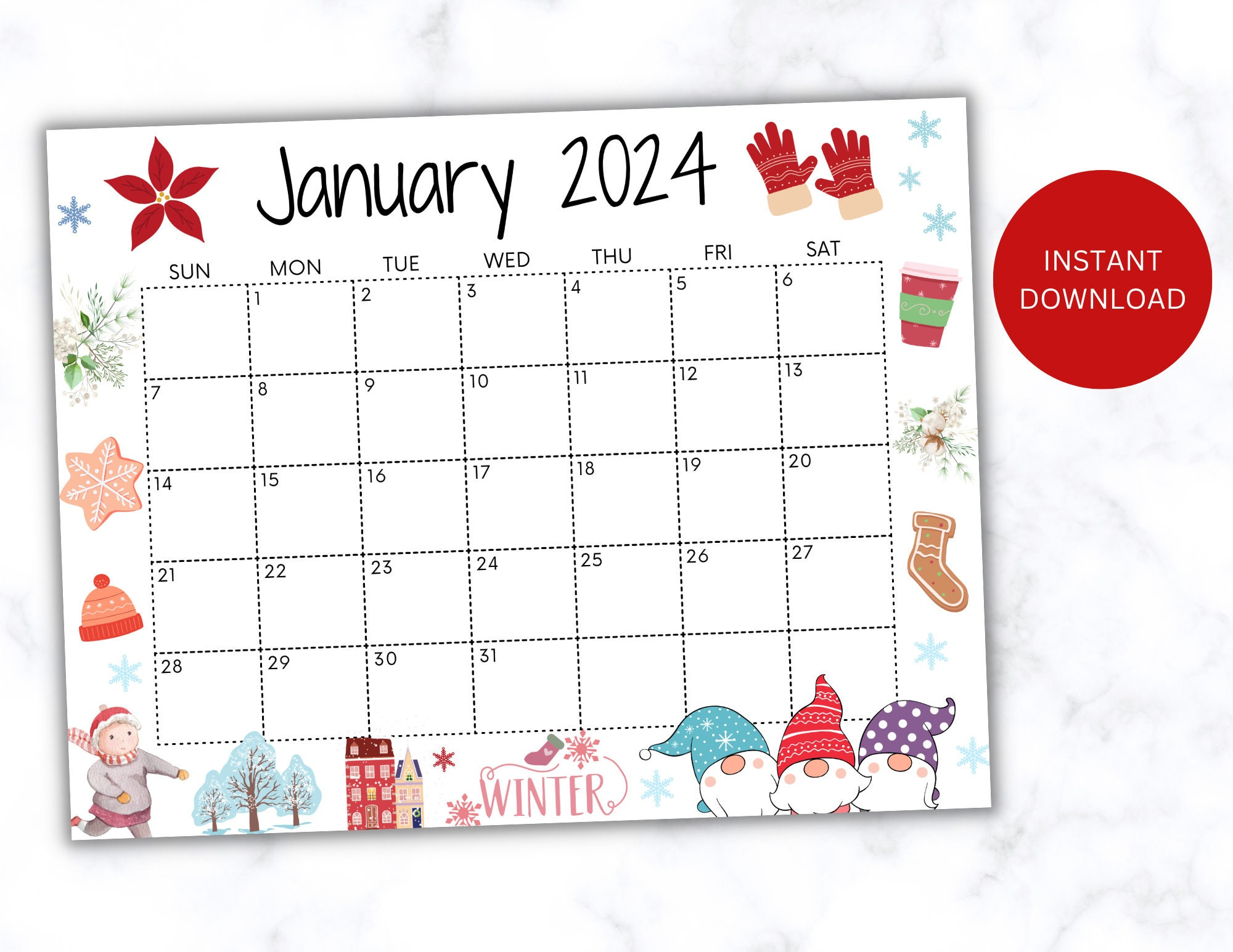 Calendrier De Janvier 2024 Modifiable Calendrier Mural - Etsy France | Calendar January 2024