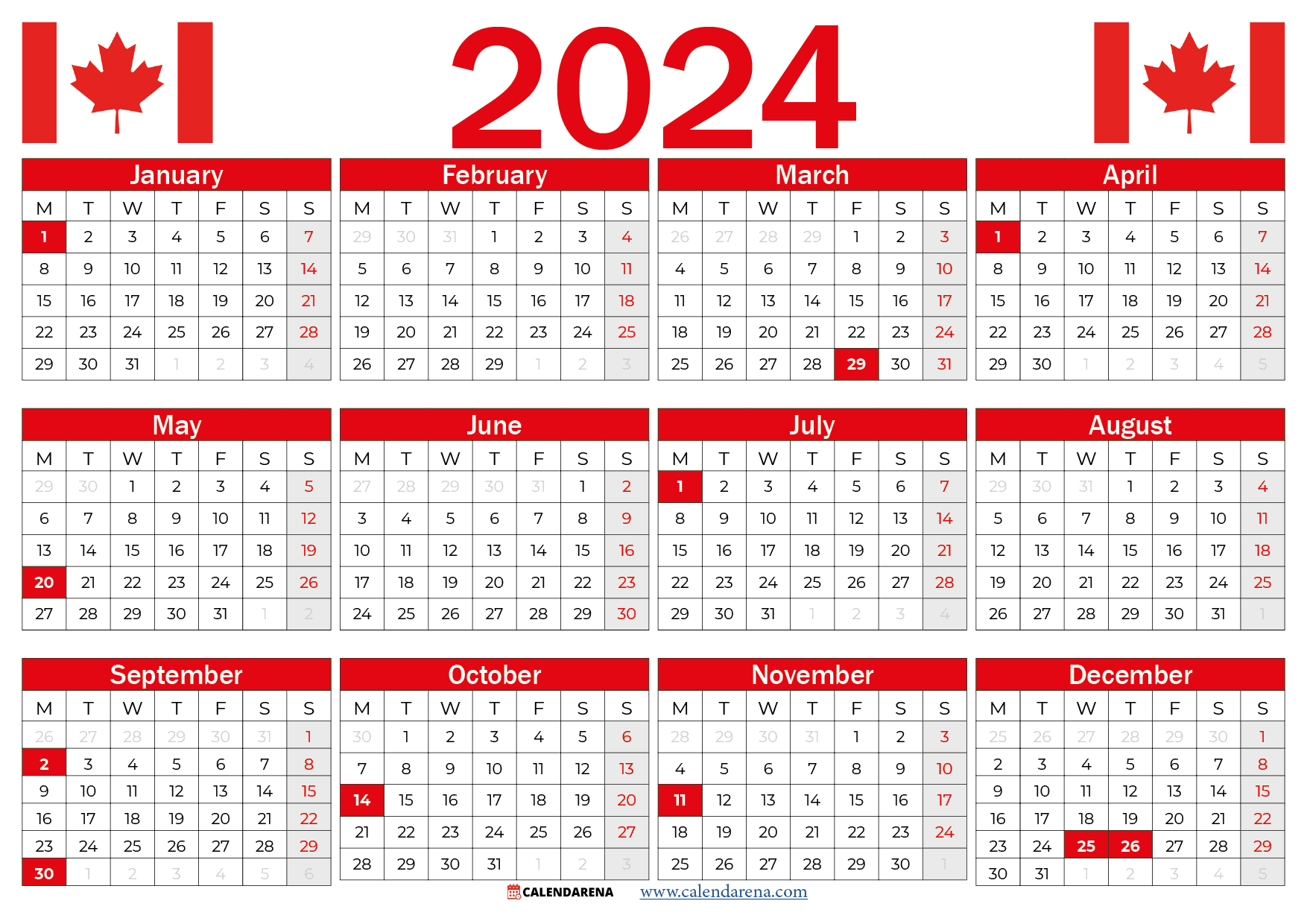 Canada 2023 Calendar With Holidays Printable | 2024 Calendar Canada Printable With Holidays