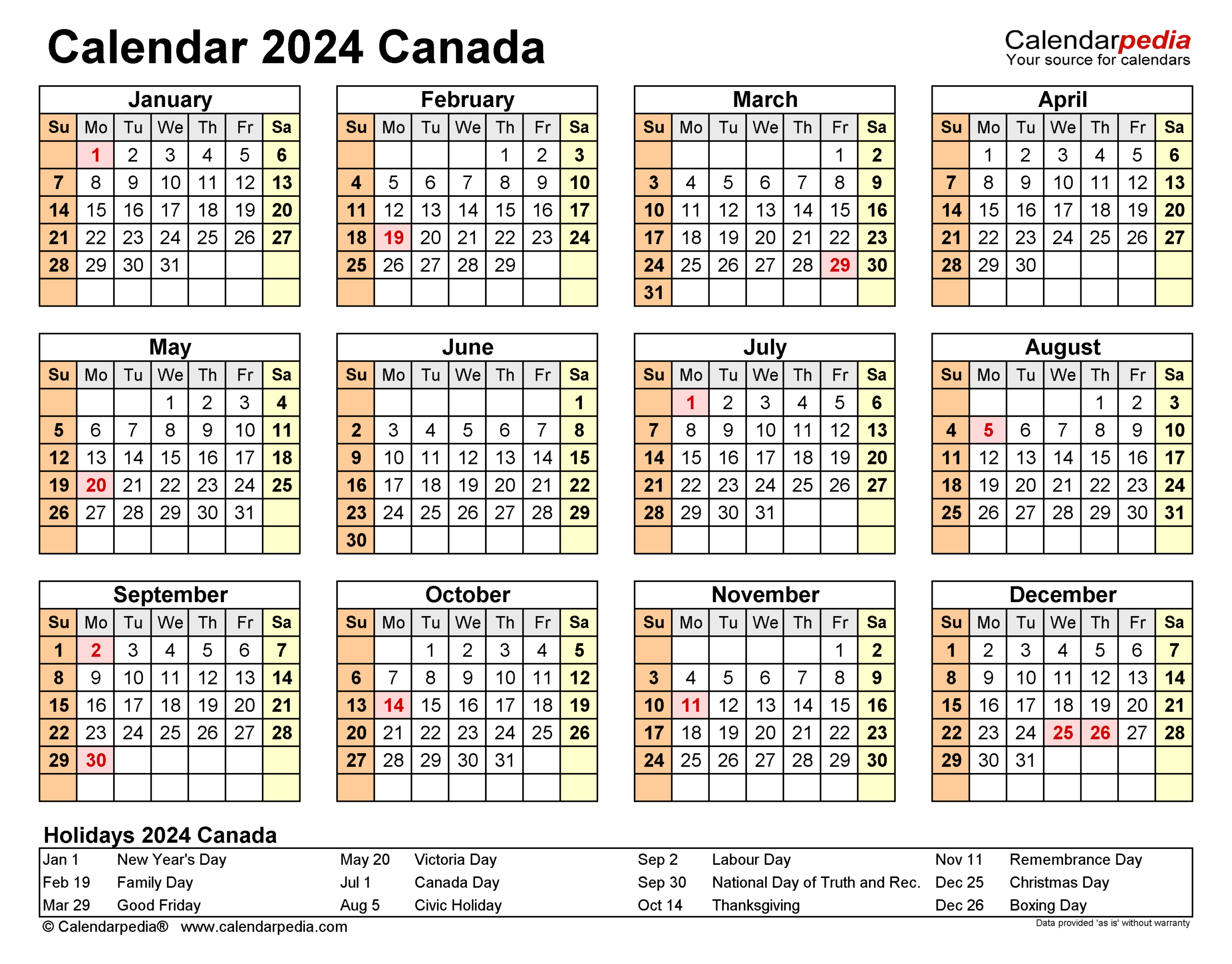 Canada Calendar 2024 - Free Printable Excel Templates | 2024 Yearly Calendar Canada