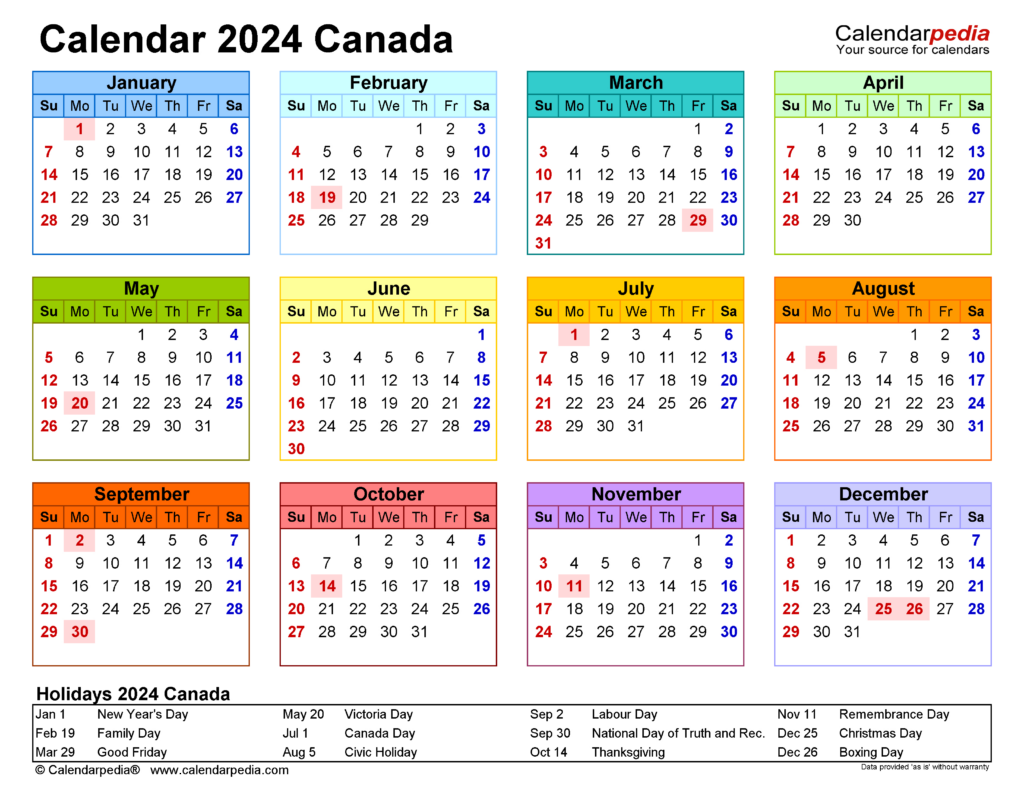 2024 Yearly Calendar Canada Printable Calendar 2024
